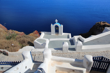 Santorini with churchs bell and sea view in Greece