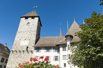 Fototapeta na wymiar Spiez, historisches Schloss Spiez, Schlosspark und Schlosskirche