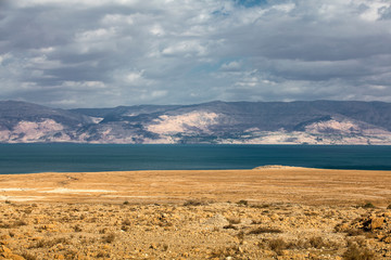 Dead Sea in the desert with mountain view