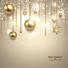 Elegant christmas background with golden baubles and stars. Vect