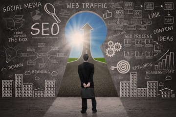 Businessman looking for SEO success road concept