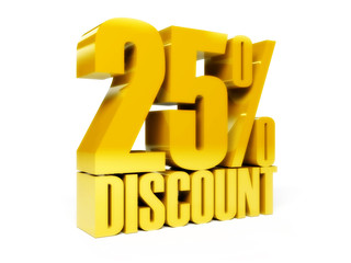 25 percent discount. Gold shiny text. Concept 3D illustration.