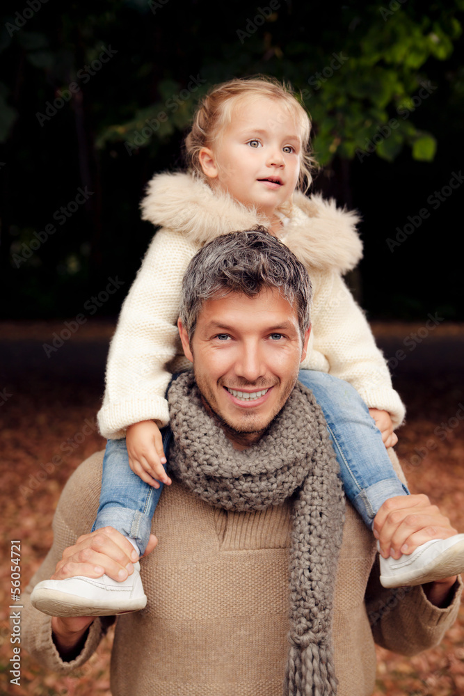 Poster family father autumn walk with child