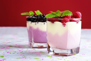Two delicious fruit desserts with yogurt. Still life.