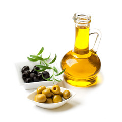 Olive, green and black olives, on white background.