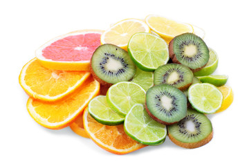 Fresh fruits slices on white background.