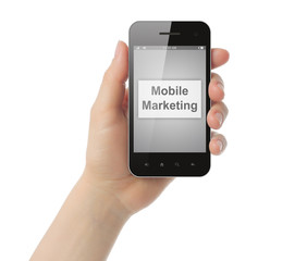 Hand holds smart phone with mobile marketing button 