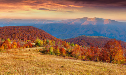 Colorful autumn sunset in the mountain