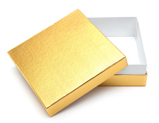Opened empty gold gift box on a white background