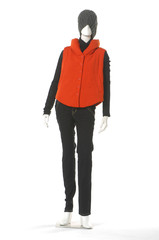 Full-length female red jacket with hat o on mannequin