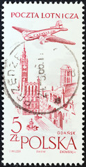 City Hall, Gdansk and airplane (Poland 1957)