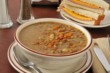 Lentil soup with a sandwich