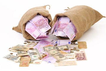 Two bags with much money. Isolated