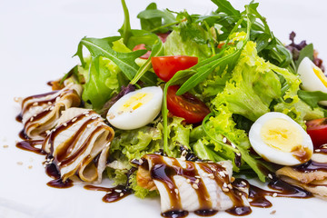 salad of green vegetables and meat, fish eel restaurant