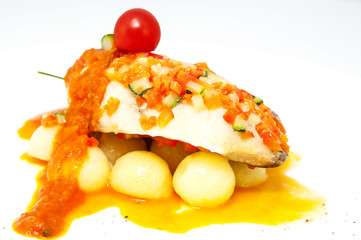 baked fish with potatoes in tomato sauce