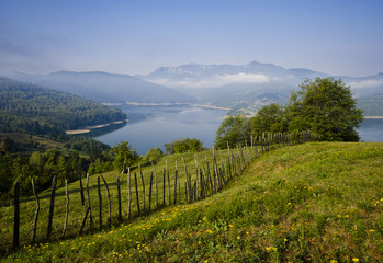 Fototapeta na wymiar rural scene of mountain and lake at summer, Romanian Carpathians