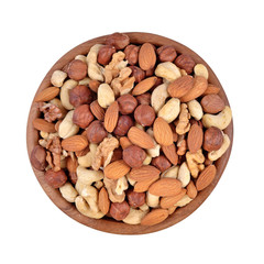Assorted nuts in a wooden bowl on a white background