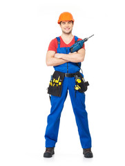 Handyman with tools full portrait isolated