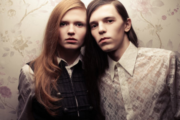 Portrait of retro couple with long hair