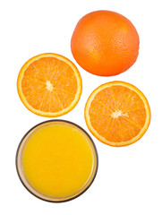 Orange juice and oranges on white background
