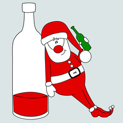 Drunk Santa with the big bottle - vector illustration