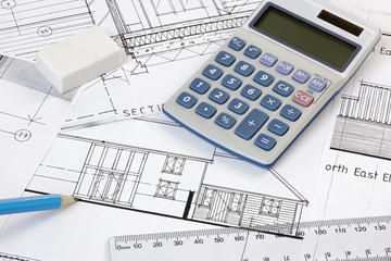 Calculater,pencil and ruler on Plans