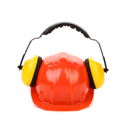 Working protective headphones on hard hat.