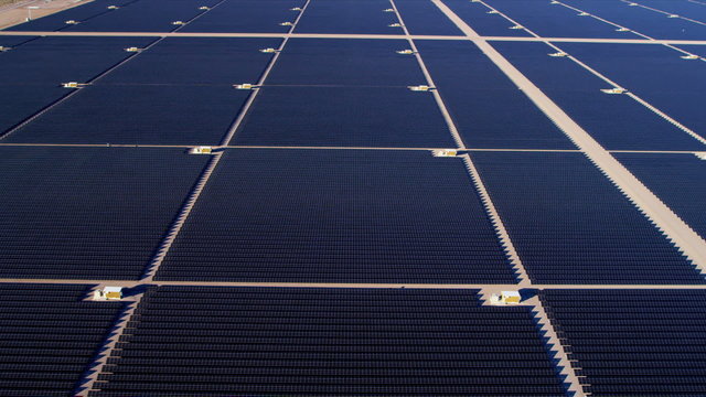 Aerial view Solar Panels producing energy, USA