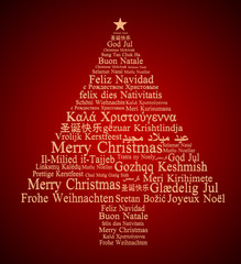 Merry Christmas in different languages forming a Christmas tree