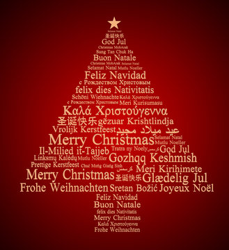 Merry Christmas in different languages forming a Christmas tree