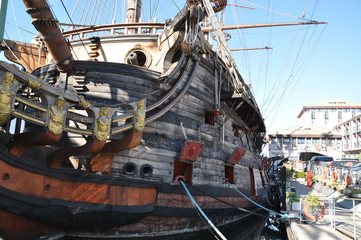 Wooden pirate ship on the coast