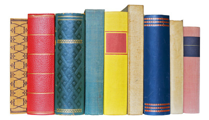 Row of books isolated on white background, free copy space