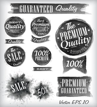 Set of watercolor Old Premium Quality Badges collection stylized