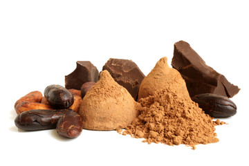 Cacao beans, chocolate, cacao powder and chocolate sweets