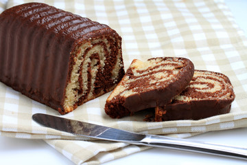 Chocolate Cake on tablecloth
