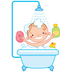 Happy cartoon baby kid in bath tub
