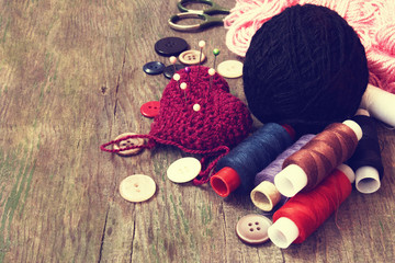 retro styled sewing and knitting supplies close up