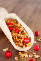 Granola with red berries in scoop