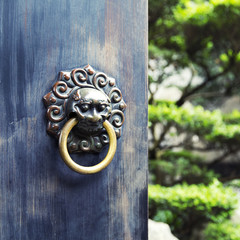Naklejka premium Stare drewniane drzwi z uchwytem z brązu