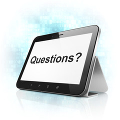 Education concept: Questions? on tablet pc computer