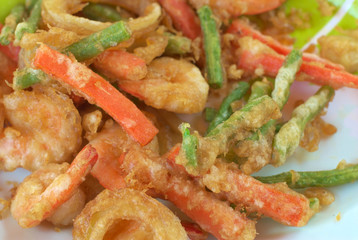 fried vegetables and fried shrimp