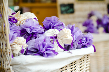 Violet and white packets with lavender flowers - 56089151