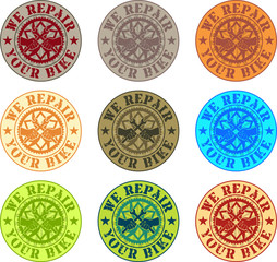 Vector bike repair badge set with bike chainring and tools