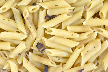 A very close view of cooked penne with mushrooms