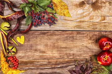 Autumn leaves on old wood