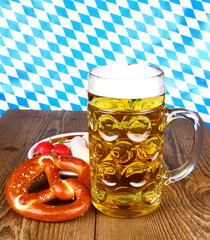 Beer with pretzel, white sausage and radish