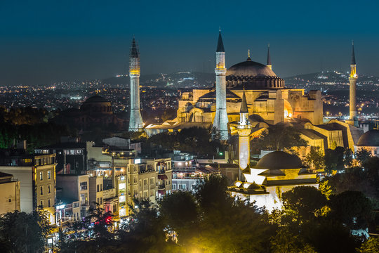 Evening view of the Hagia Sophia in Istanbul, Turkey