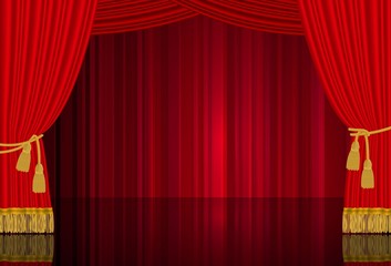 Red stage curtain. Highly realistic vector template.