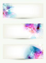 set of three banners, abstract headers with blue and pink blots