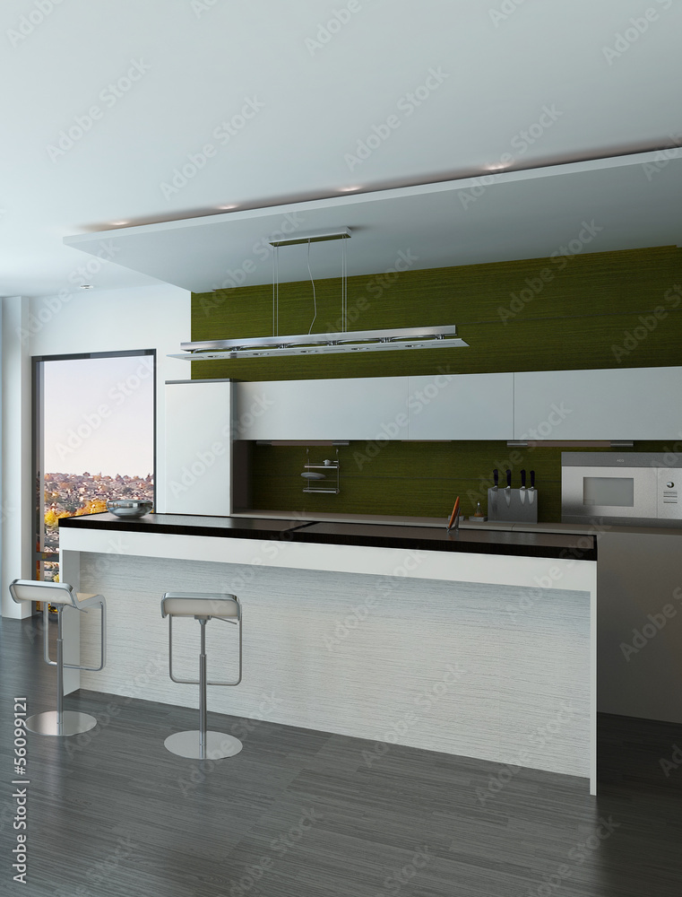 Wall mural Modern white and green kitchen interior with two bar stools